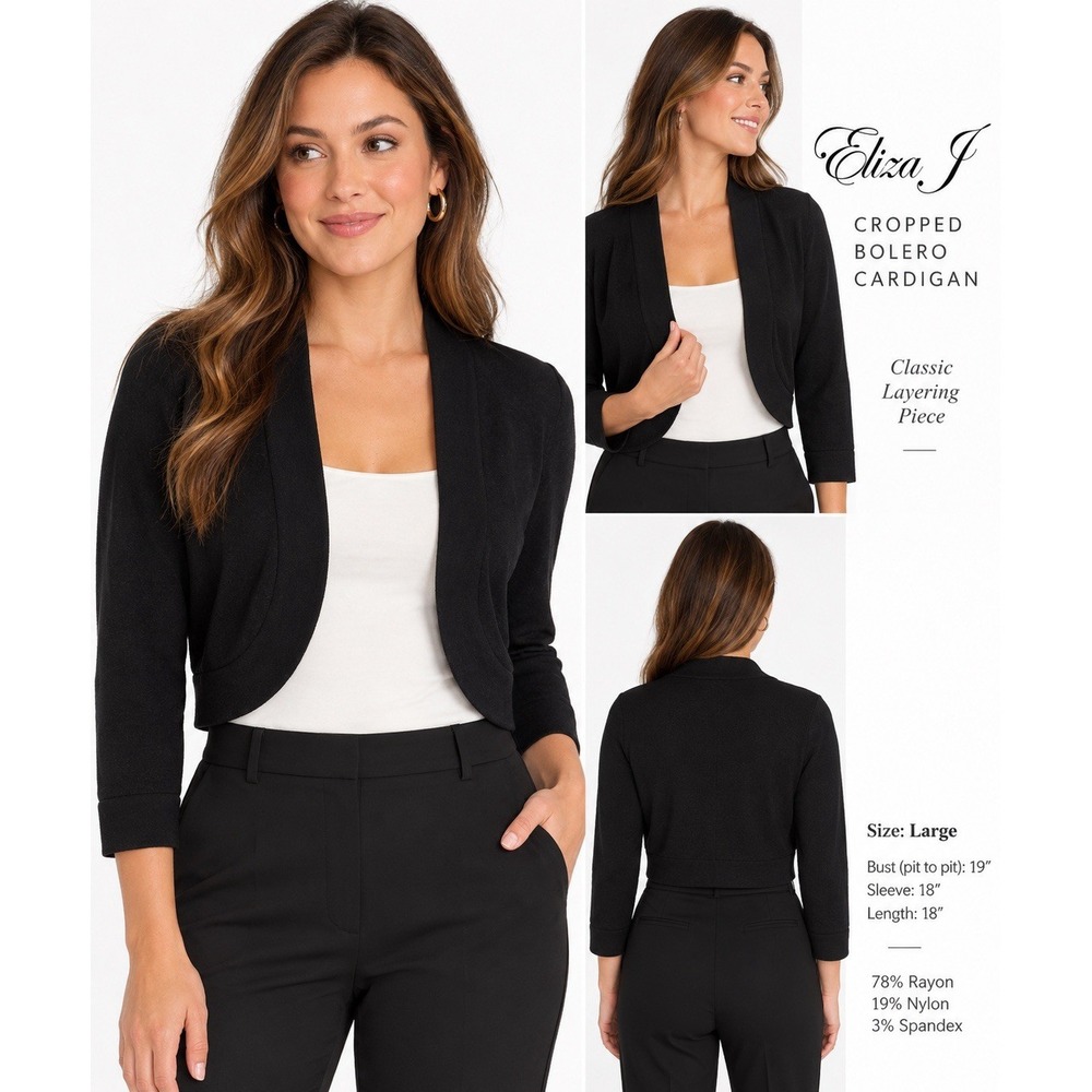 Eliza J Large Black Rayon Blend Cropped Bolero Shrug Cardigan Open Front